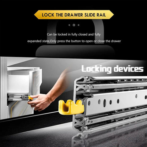 Beefy Heavy Duty 250 Lbs Drawer Slides With Full Extension 52 Inch Side Mount Rails and lock mechanism close-up