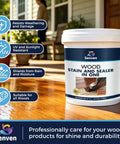 Water Based Wood Stain And Sealer In One Fast Dry Non Toxic Coating For Indoor Outdoor Applications, 1-gallon container on polished wood floor.