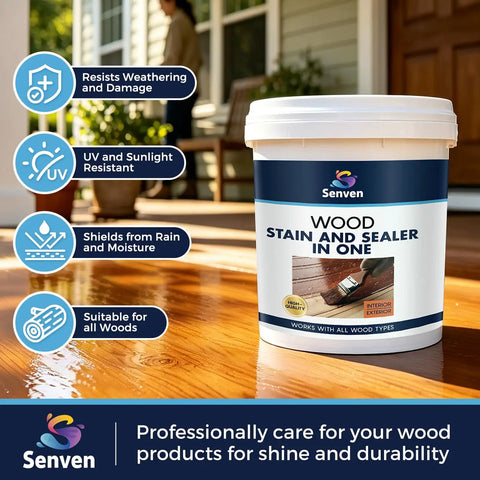 Water Based Wood Stain And Sealer In One Fast Dry Non Toxic Coating For Indoor Outdoor Applications, 1-gallon container on polished wood floor.