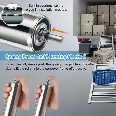 Heavy Duty Stainless Steel Conveyor System Replacement Roller 1 Inch Diameter By 11.8 Inch Length For Warehouse Factory And Machine Tool Table Equipment Super Strong Metal Rollers 5 Packs with spring press-in installation.