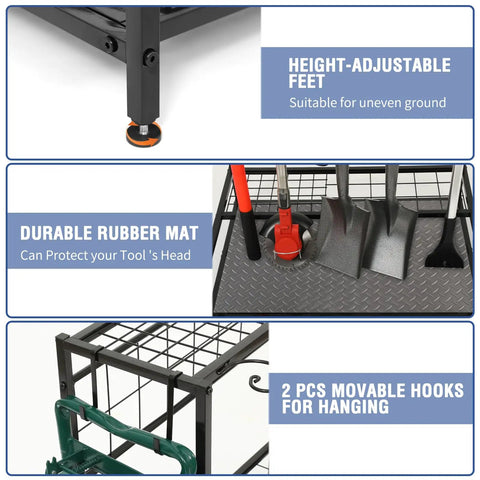 Beefy Heavy Duty Garden Tool Organizer features adjustable feet, rubber mat, and hooks for garage and shed tool storage.