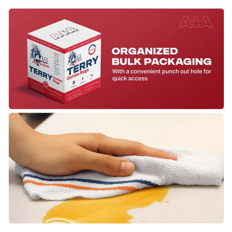 Heavy Duty White Terry Cloth Rags 16x19 Inches Bulk Box of 22 Reusable Cotton Cleaning Towels in use on spill