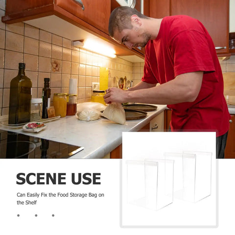 Man using 2 Pack Acrylic Food Prep Bag Holder Stand, Universal Bag Rack for kitchen meal prep on countertop under cabinet lighting