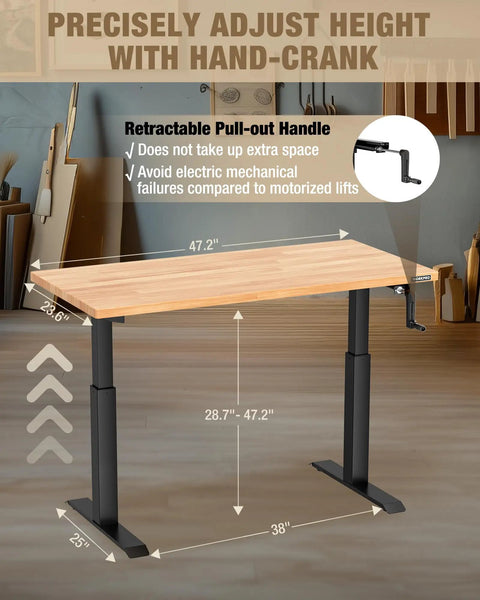 Beefy Adjustable Standing Workbench With Crank Handle 300 Lb Load 47.2 By 23.6 Inch Rubber Wood Top Height Adjustable From 28.74 To 47.24 Inches For Garage And Shop Tasks, showing retractable hand crank and height dimensions.