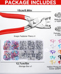 Metal Snap Button Kit With Pliers And Press Tool Pro Grade 9.5mm Snap Fasteners Set For DIY Crafts Clothing Hats Sewing And Fabric Projects Multicolor 100 Sets Pack showing pliers and snap fasteners