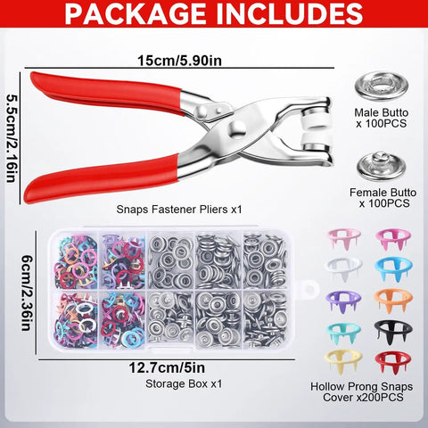 Metal Snap Button Kit With Pliers And Press Tool Pro Grade 9.5mm Snap Fasteners Set For DIY Crafts Clothing Hats Sewing And Fabric Projects Multicolor 100 Sets Pack showing pliers and snap fasteners