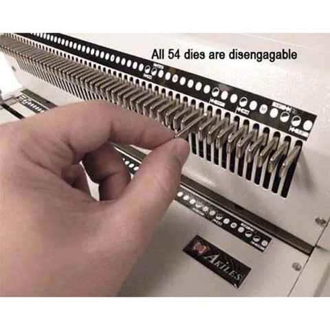 Hand adjusting disengageable pins on Heavy Duty Electric Coil Punch Machine For Bindery With 4x5mm Oval Holes, 54 Disengageable Pins.