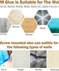 Surface compatibility for 16 Inch Acacia Wood Magnetic Knife Strip Wall Mount showing ceramics, marble, woods, metal, and glass.