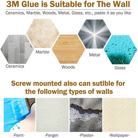 Surface compatibility for 16 Inch Acacia Wood Magnetic Knife Strip Wall Mount showing ceramics, marble, woods, metal, and glass.