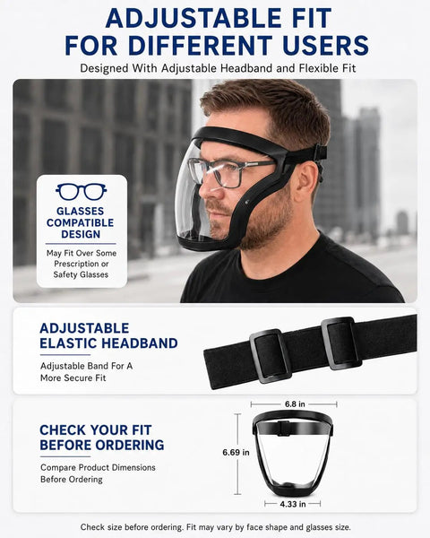 Full Face Shield 2 Pack Clear Wide Angle Anti Fog Visor With Breathable Lower Vent For Yard Work Woodworking Sawdust And Debris Protection Keep Your Mug Safe On The Daily, shown with adjustable headband and glasses fit.