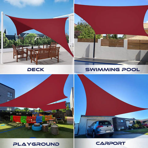 Waterproof Sun Shade Sail Rectangle 10x10 Ft Red Canopy For Patio Backyard Deck Balcony Pergola UV Block UV Resistant Durable Polyester With D Rings For Easy Setup installed over deck, pool, playground, and carport.