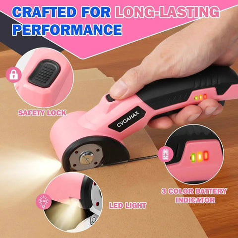 User operating the 4.2V Cordless Electric Box Cutter And Scissors High Powered Battery Powered Rotary Blade Cutting Tool For Cardboard Boxes.