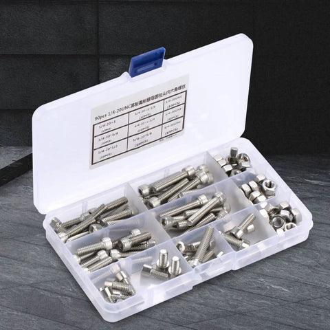 Top Notch 90 Piece Stainless Steel Hex Cap Screw Assortment Kit With Matching Nuts Includes 1/4 20 UNC Size Plus Rust Proof 304 Build For Heavy Duty Home Auto And Outdoor Repair Projects Guaranteed To Perform., open case with assorted 304 stainless hex cap screws and nuts