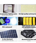 Collage of features: LED lamp beads, lithium battery, solar panel, heat shell from 100W Solar Flood Light With Remote Control Dusk To Dawn Outdoor Lamp 324 LEDs 5000 Lumen Brightness For Yard Pool Garage Warehouse Playground Hotel Farm Arena Waterproof IP65 Tough As Nails Long Lasting Solar Powered Outdoor Lighting Solution