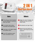 Comparison chart showing features of Dual CO And LP Gas Detector For RVs with Digital Display, Hardwired 12V Alarm, Surface Or Flush Mount.