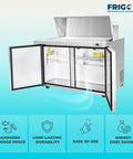 Heavy Duty Workhorse 60 Inch Commercial Refrigerated Sandwich Prep Table Built Tough Stainless Steel Two Door showing storage space.