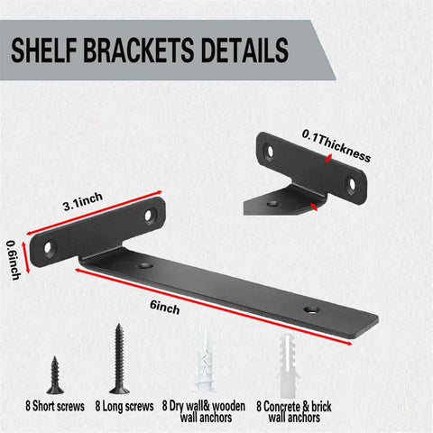 4 Pack Floating Shelf Brackets Built Tough For Real Use, 6 Inch Black Metal Hidden L Brackets for Wall Shelves with screws