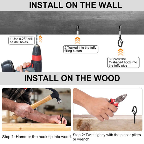 Installation steps for Outdoor String Light Hooks 25 Pack With Safety Buckle Screw In Swivel Eye Hooks for walls and wood surfaces.