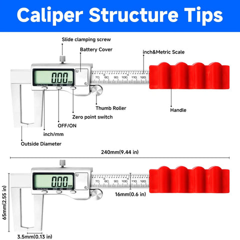 Diagram showing Digital Outside Caliper For Disc Brakes With Inch And Metric Conversion Pro Grade Rotor Micrometer structure