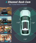 Four Channel 2.5K Dash Cam With Front Rear Left Right Coverage diagram showing 170° front, 110° side views, and resolution info