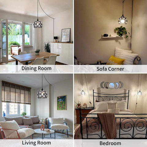 Black Crystal Plug In Chandelier With 13.12ft Cord And On And Off Switch Easy Setup Hanging Pendant Light For Kitchen Island Bedroom Reading Nook 360 Degree Lighting No Assembly Required shown in different room settings.