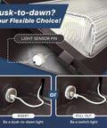 Go-To 120W LED Wall Pack Light With Dusk To Dawn Photocell Glass Lens Glare Free Security Flood Outdoor Fixture detail showing light sensor pin configuration