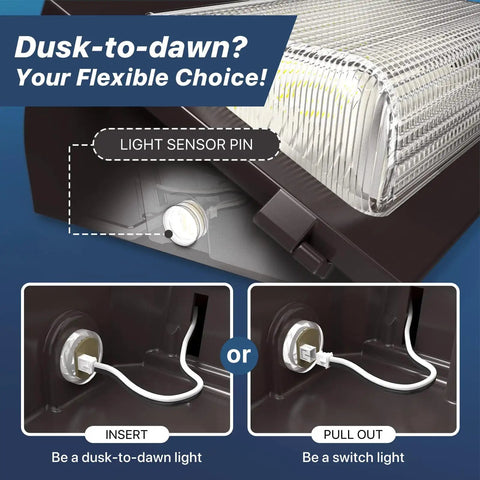 Go-To 120W LED Wall Pack Light With Dusk To Dawn Photocell Glass Lens Glare Free Security Flood Outdoor Fixture detail showing light sensor pin configuration