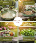 Ceramic Bird Bath Bowl For Outdoors Green Ground Bird Bath For Garden Lawn Deck Balcony Patio Durable Outdoor Bird Waterer showing multiple uses including bird bath, bird feeder, succulent, and hydroponic pot with ceramic bird decor.