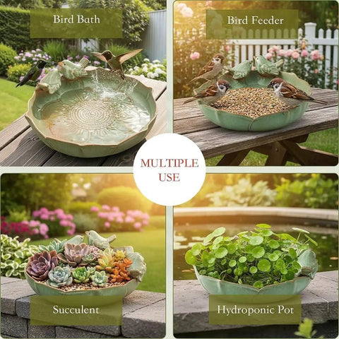 Ceramic Bird Bath Bowl For Outdoors Green Ground Bird Bath For Garden Lawn Deck Balcony Patio Durable Outdoor Bird Waterer showing multiple uses including bird bath, bird feeder, succulent, and hydroponic pot with ceramic bird decor.