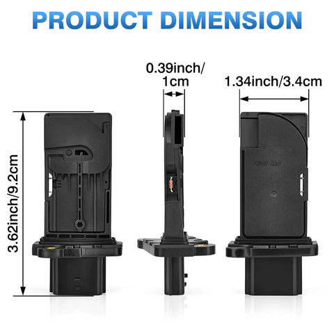 Product dimensions of Direct Drop In Mass Air Flow Sensor Fits Nissan Altima Pathfinder, showing side and top views.
