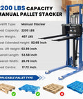 Manual Pallet Stacker 2200 Lbs Capacity Hand Pallet Forklift with specs including 63 Inch Lift Height, Adjustable Forks, Fixed Legs