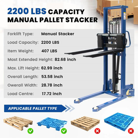 Manual Pallet Stacker 2200 Lbs Capacity Hand Pallet Forklift with specs including 63 Inch Lift Height, Adjustable Forks, Fixed Legs