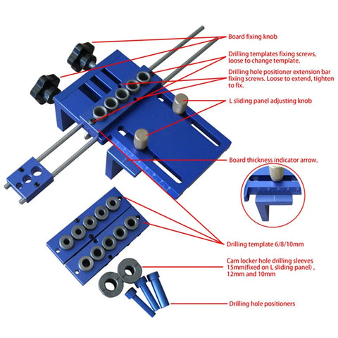 High Precision Dowel Jig Set With Cam Guide For Woodworking And DIY Projects labeled parts and accessories view