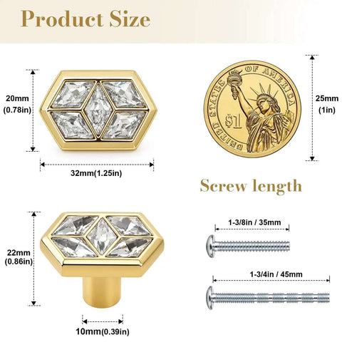 Size details of Gold Diamond Shaped Crystal Cabinet Knobs 4 Pack With Metal Base Decorative Drawer Knobs For Kitchen Cabinets Bathroom Vanity Wardrobe Drawers And Closets
