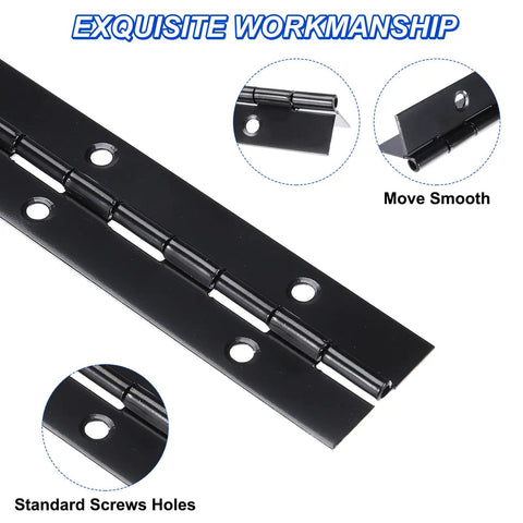 Premium Black Coated Piano Hinge 30 Inch Continuous Stainless Steel Door Hardware showing smooth movement with screw holes.