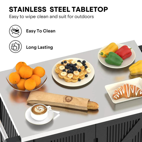 Outdoor Grill Cart With Stainless Steel Tabletop And Storage Cabinet, Portable Grill Island displaying food items