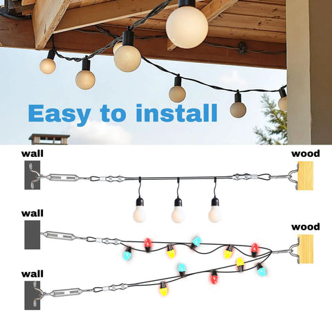 170Ft String Light Hanging Kit With Heavy Duty 304 Stainless Steel Cable And Vinyl Coated Wire Rope, Turnbuckles, Hooks Setup