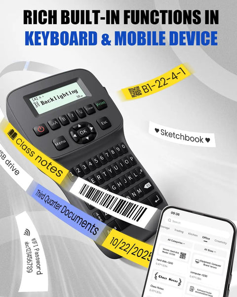 Real Deal Handheld Label Maker With Plug and Play Bluetooth Sync, Heavy Duty Heat Shrink Label Rolls, Qwerty Keyboard For Lightning Fast Cable Tagging, Waterproof Tape Compatible, Rechargeable Workhorse For Makers And Pros displaying backlit screen and label options.