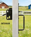 Top Shelf Thumb Press Gate Latch With Slick Grip Handle Rock Solid Black Metal Yard Lock for outdoor fence on wooden post.