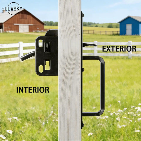 Top Shelf Thumb Press Gate Latch With Slick Grip Handle Rock Solid Black Metal Yard Lock for outdoor fence on wooden post.
