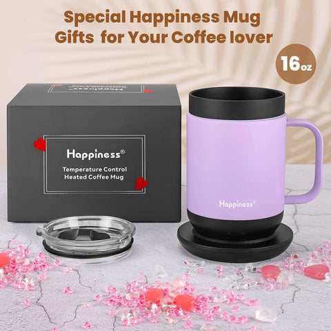 Precision Temp Control Self Heating Coffee Mug Rechargeable Smart Cup in purple with lid and charging coaster, 16 oz.