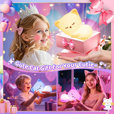 Kids Night Light Cat Lamp With 16 Color Modes in gift box, dimmable and rechargeable silicone nightlight for nursery decor.