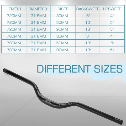 Pro Grade Mountain Bike Handlebars 25.4 31.8mm Clamp Wide 580 720 780mm Riser Bar With 20 30 50 90 100 120 160mm Rise 6061 Aluminum Alloy Hard Anodized Extra Long MTB Bar For Downhill Enduro E Bike with size chart