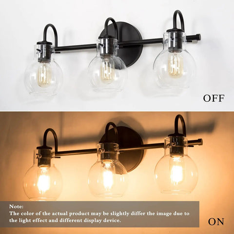 3 Light Black Vanity Light With Clear Glass Shades on and off, modern farmhouse bathroom lighting fixture with sleek black finish