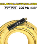 Non-Kink Air Hose 3/8 By 100 Ft With 1/4 In MnpT Brass Fittings 300 Psi Max Rating coils showing flexible design.