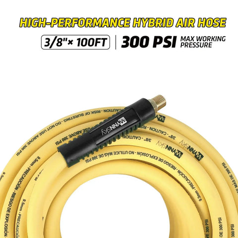 Non-Kink Air Hose 3/8 By 100 Ft With 1/4 In MnpT Brass Fittings 300 Psi Max Rating coils showing flexible design.
