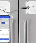App Controlled Smart Lock For Snacks Food And Alcohol With Built In Timer And Scheduling Modes For Fridge Cabinet Or Pantry Keep Temptation Locked Tight, showing a smart lock on a fridge with an app interface and timer settings.