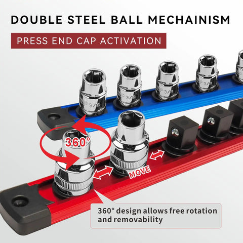 Magnetic Socket Organizer Set With Nine Detachable Trays For One Quarter Three Eighths And One Half Inch Sockets 120 Piece Toolbox Drawer Organizer Aluminum Alloy Garage Storage For Mechanics And DIY showing 360-degree rotation feature.