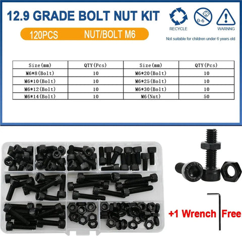 Pro Grade M2 M3 M4 M5 M6 Screws Bolts Nuts Kit Beefy Grade 12.9 Black Carbon Steel DIN912 Hex Socket Cap Head Allen Machine Screws and Nuts Set for Home Shop and DIY Projects, M6 bolts in case