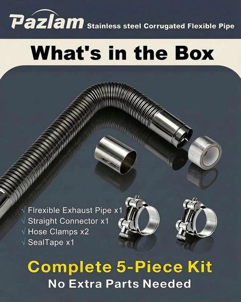 Flexible Stainless Steel Exhaust Tubing 1.5 In ID X 27.6 In Laser Welded Flex Pipe Kit with connectors and clamps.